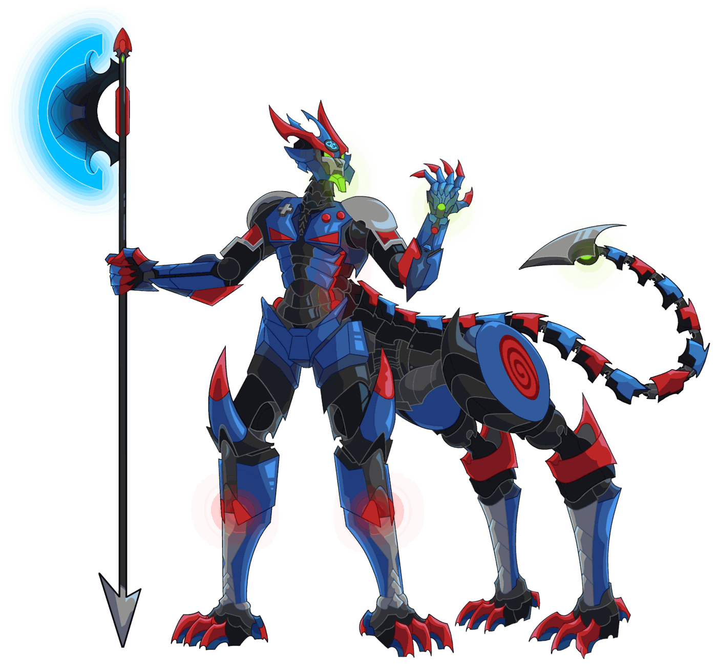 Kairon, the armored blue and red cyber centaur, holding his glowing staff