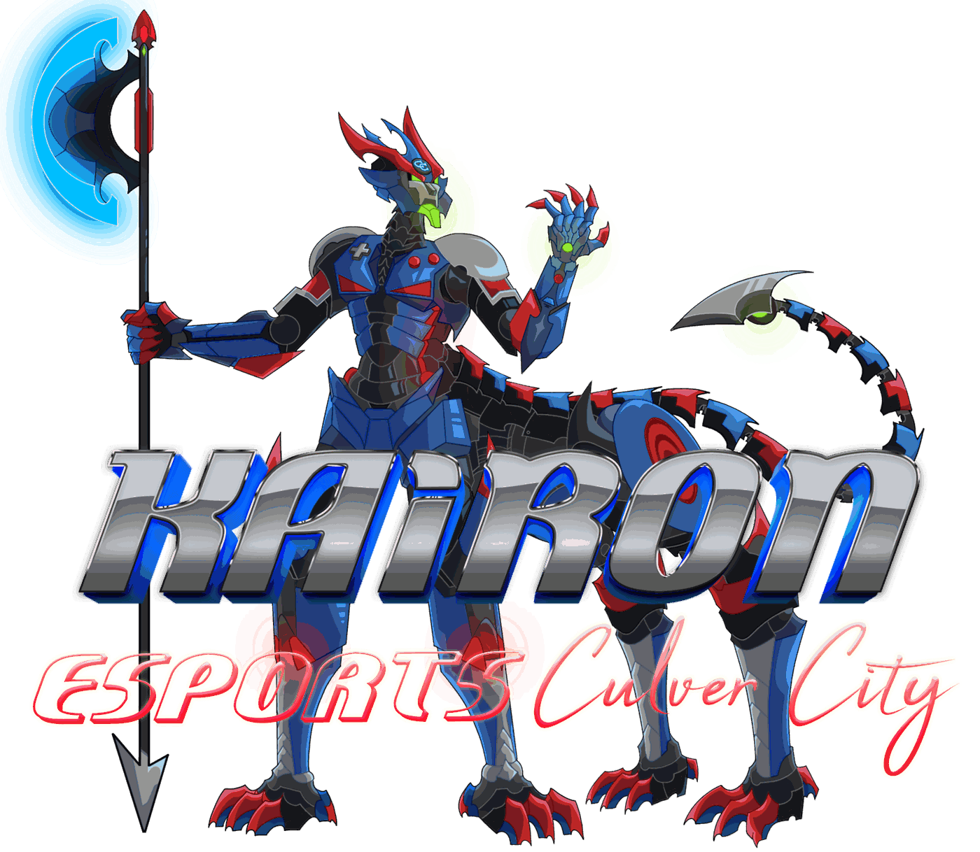 Kairon Esports Culver City logo: an armored blue and red cyber centaur holding a glowing staff behind the chrome KAIRON wordmark